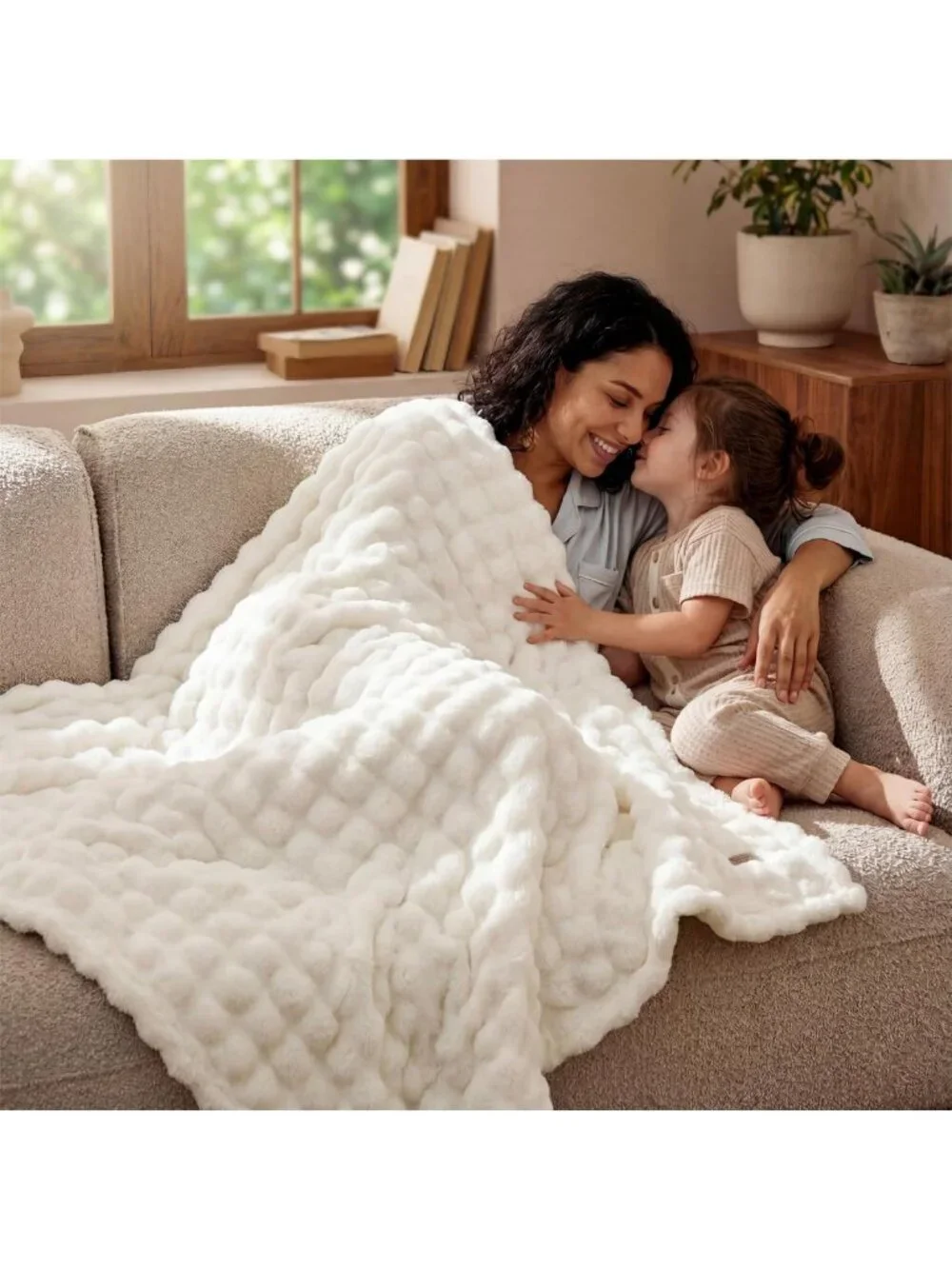 Cozy 3D Fleece Bubble Throw Blanket - Soft Lightweight Off White Sofa Decor